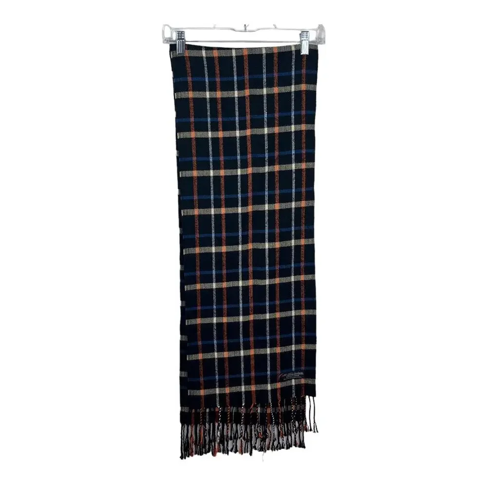 Scottish Plaid Scarf Cashmere Black Orange Blue Cream Fringed